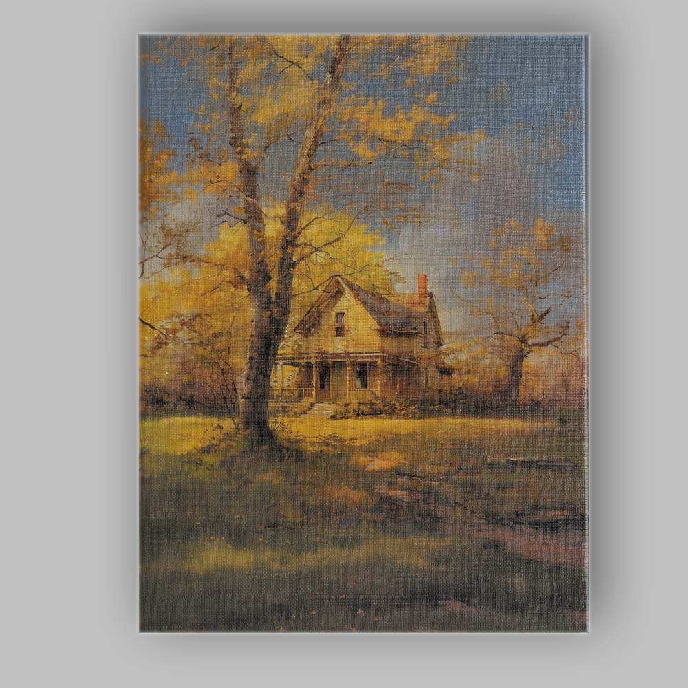 Golden Autumn Tree Farmhouse Landscape Canvas Wall Art Print Decor Picture Ready to Hang