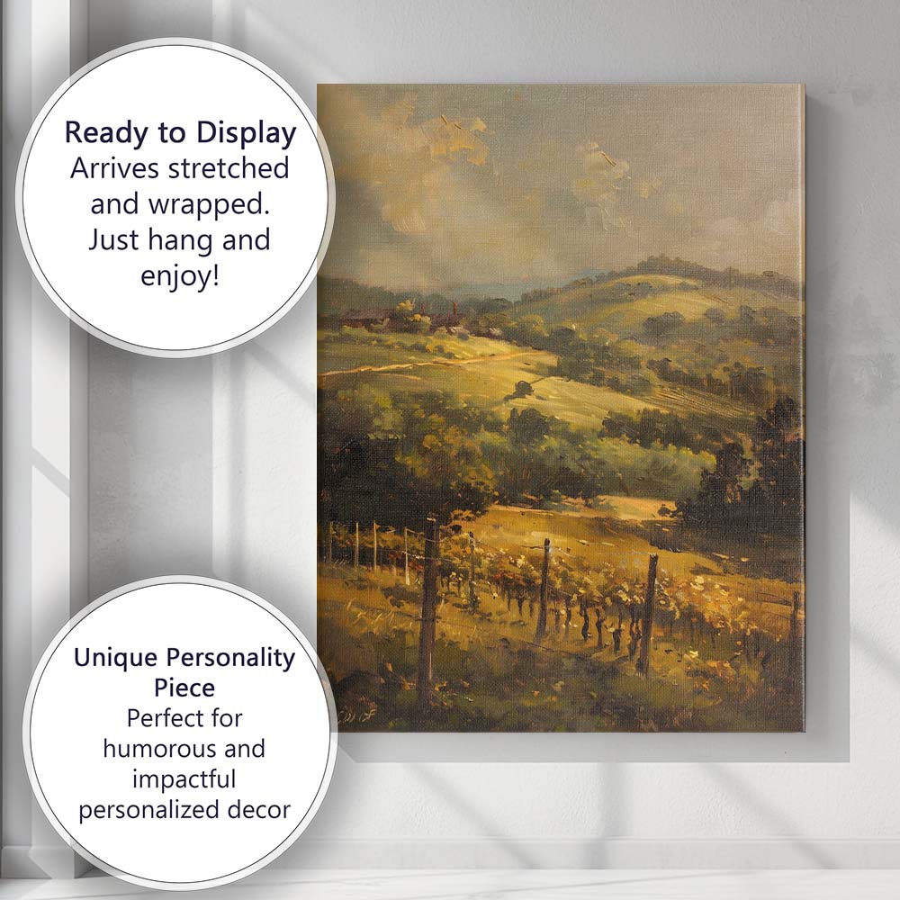 Golden Vineyard Rolling Hills Rural Countryside Landscape Canvas Wall Art Print Decor Picture Ready to Hang