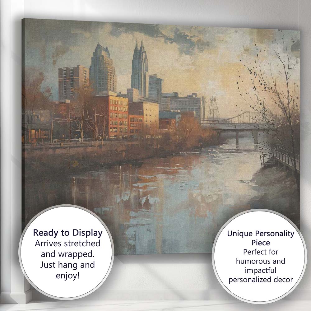 Modern Riverside City Skyline Reflection Impressionist Urban Landscape Canvas Wall Art Print Decor Picture Ready to Hang