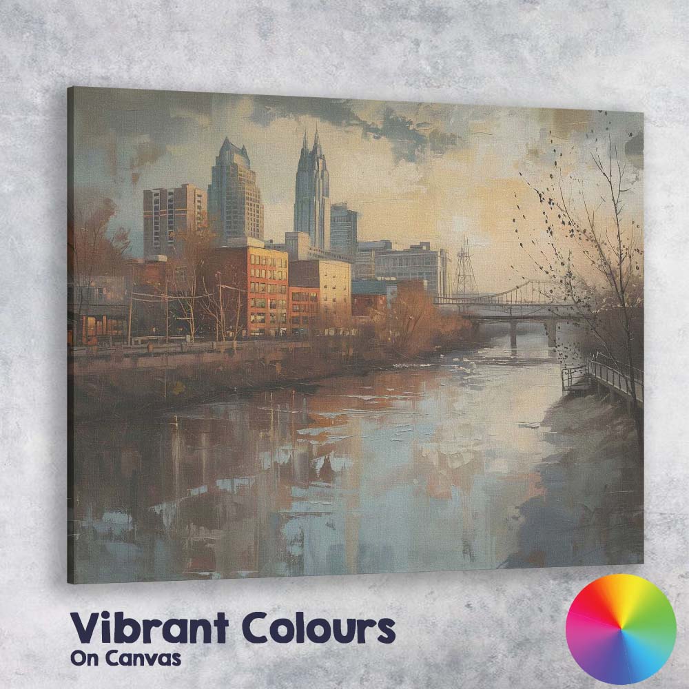 Modern Riverside City Skyline Reflection Impressionist Urban Landscape Canvas Wall Art Print Decor Picture Ready to Hang