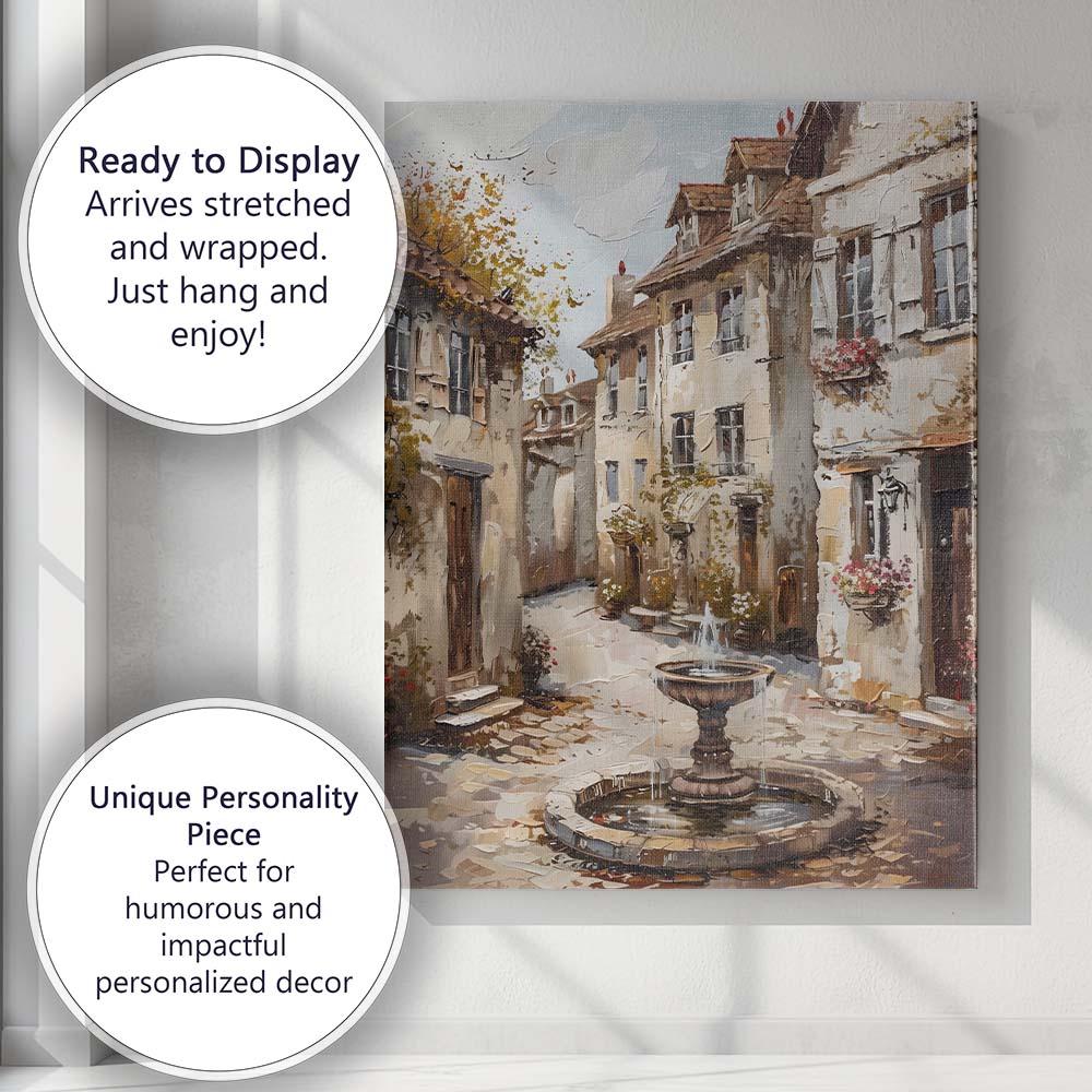 Charming European Village Fountain Street Scene Painting Canvas Wall Art Print Decor Picture Ready to Hang
