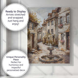 Charming European Village Fountain Street Scene Painting Canvas Wall Art Print Decor Picture Ready to Hang