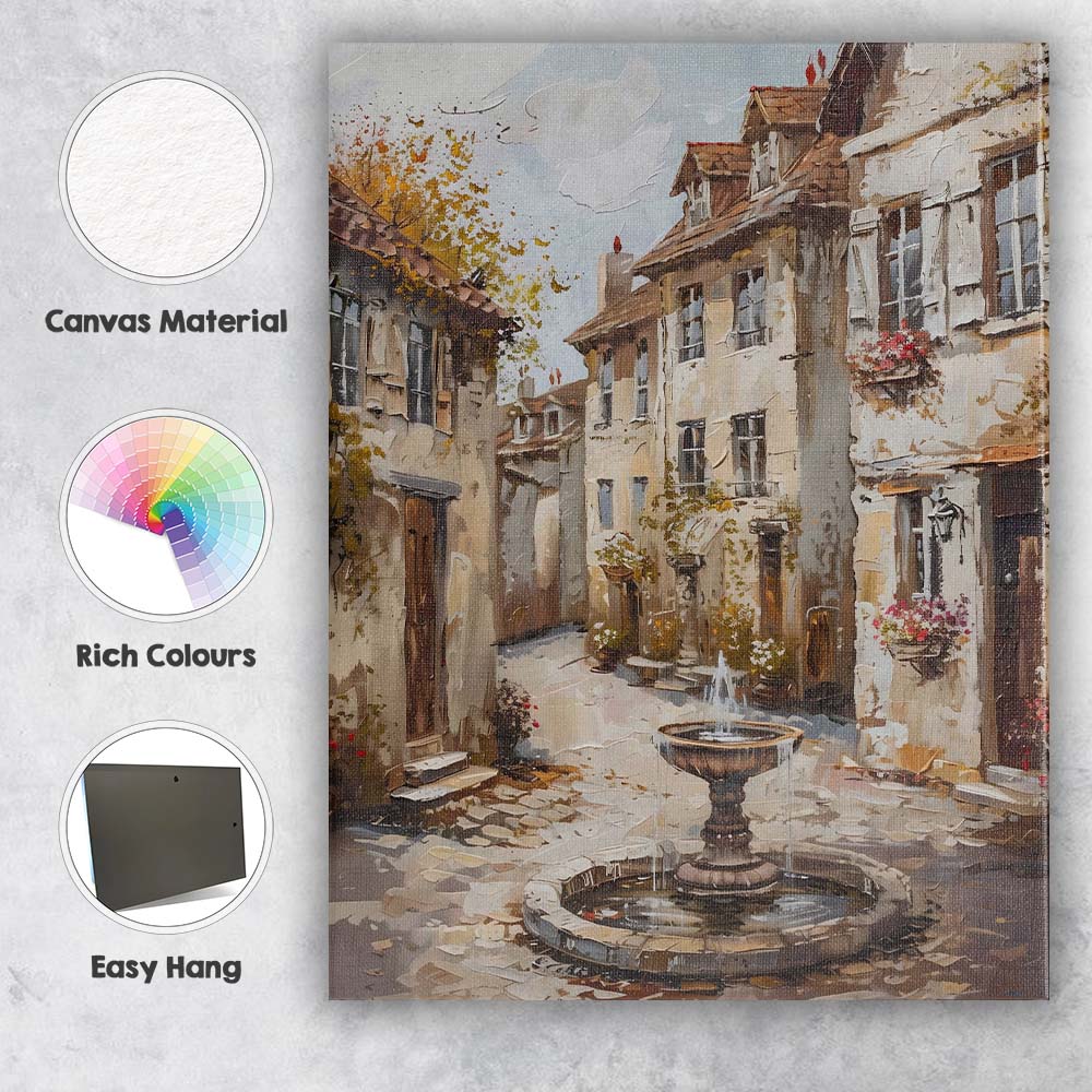 Charming European Village Fountain Street Scene Painting Canvas Wall Art Print Decor Picture Ready to Hang