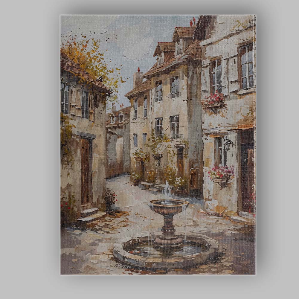 Charming European Village Fountain Street Scene Painting Canvas Wall Art Print Decor Picture Ready to Hang