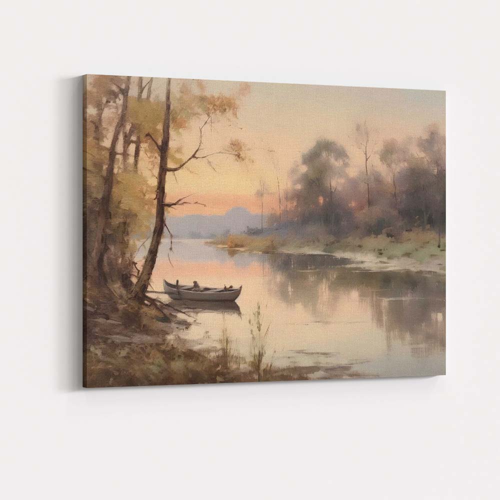Misty River Boat Tranquil Woodland Waterside Landscape Canvas Wall Art Print Decor Picture Ready to Hang
