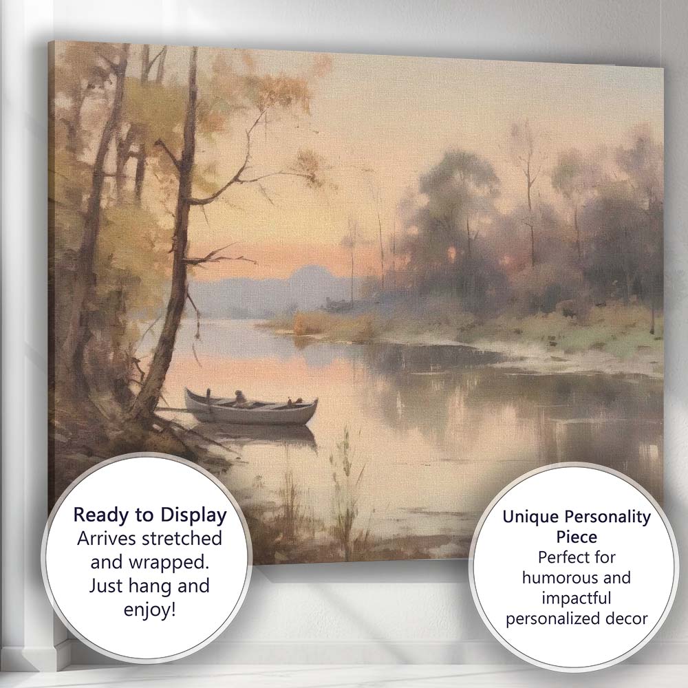 Misty River Boat Tranquil Woodland Waterside Landscape Canvas Wall Art Print Decor Picture Ready to Hang