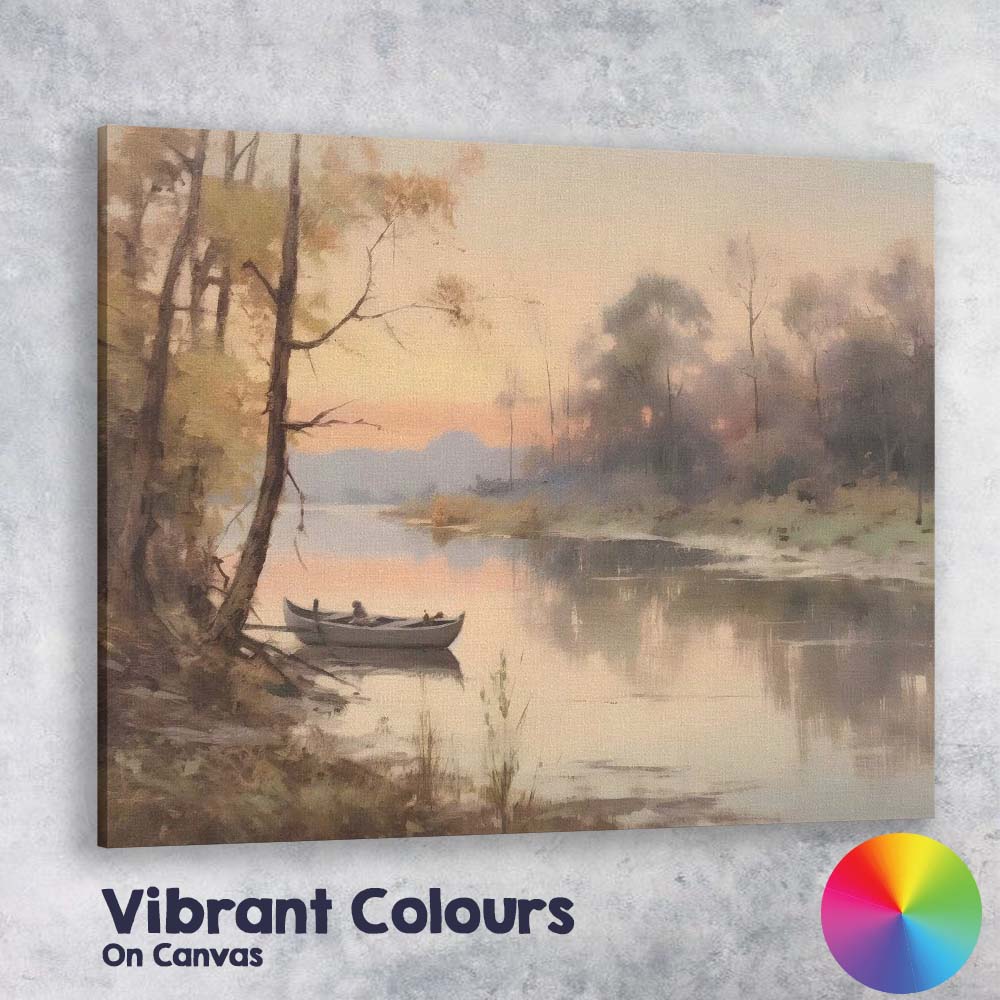 Misty River Boat Tranquil Woodland Waterside Landscape Canvas Wall Art Print Decor Picture Ready to Hang