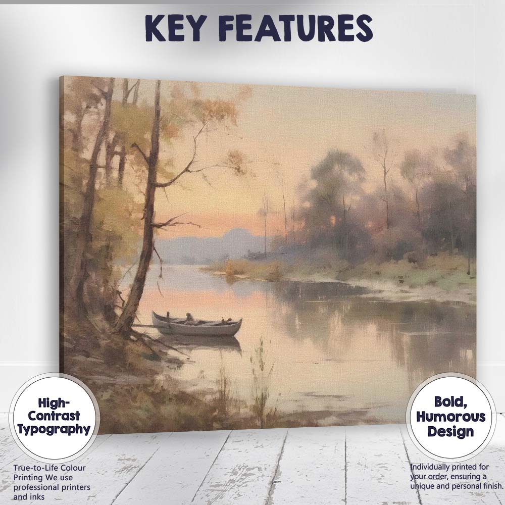Misty River Boat Tranquil Woodland Waterside Landscape Canvas Wall Art Print Decor Picture Ready to Hang