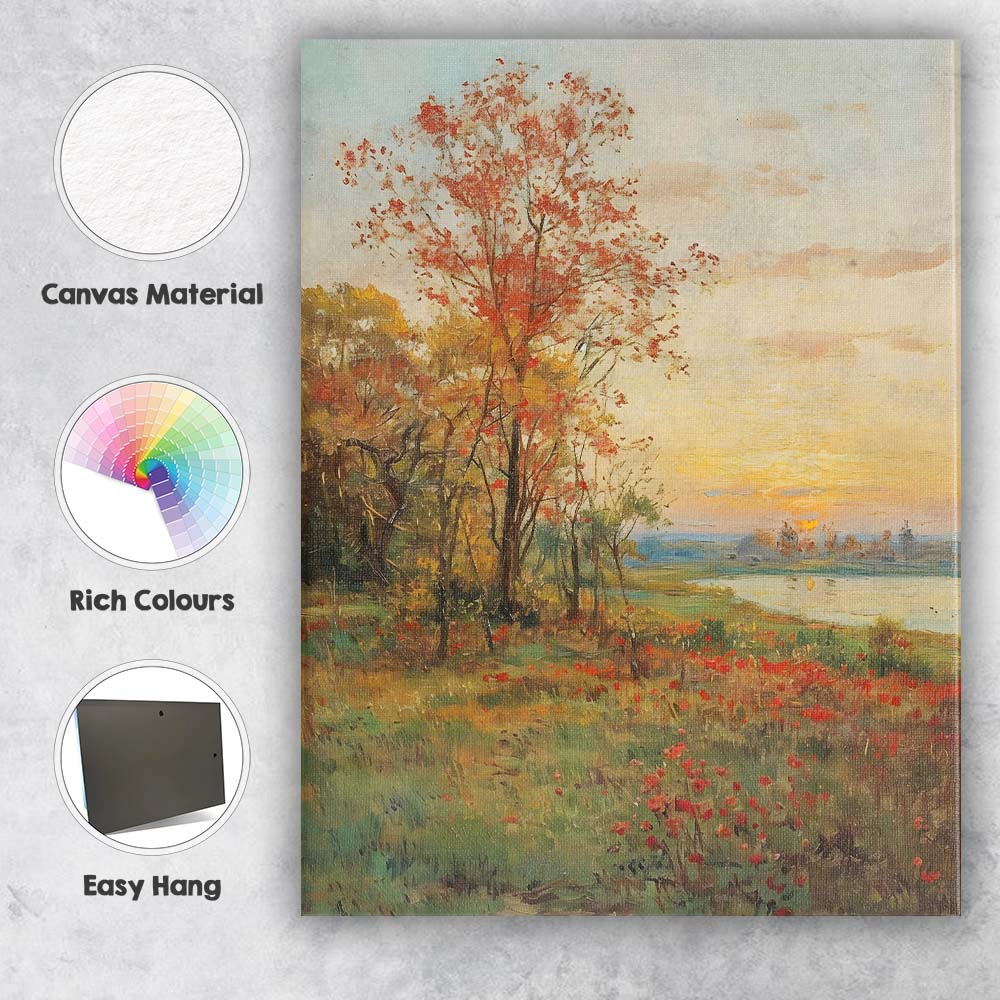 Autumn Lakeside Sunset Red Blossom Tree Landscape Canvas Wall Art Print Decor Picture Ready to Hang