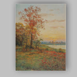 Autumn Lakeside Sunset Red Blossom Tree Landscape Canvas Wall Art Print Decor Picture Ready to Hang