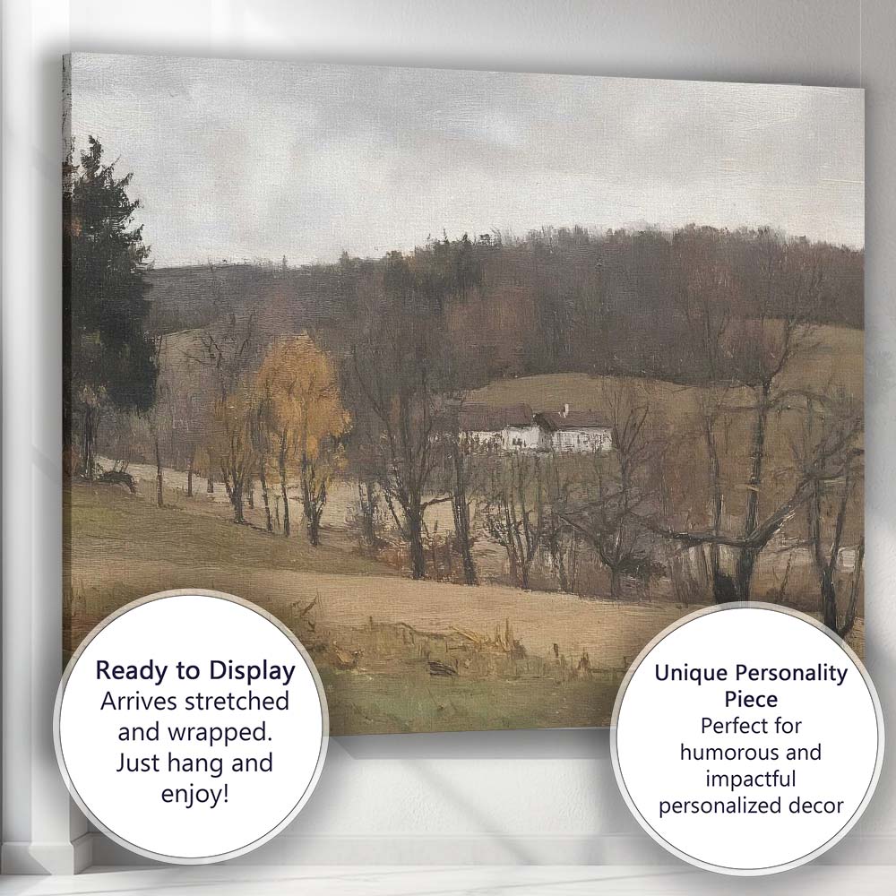 Muted Winter Countryside Farmhouse Landscape Painting Canvas Wall Art Print Decor Picture Ready to Hang