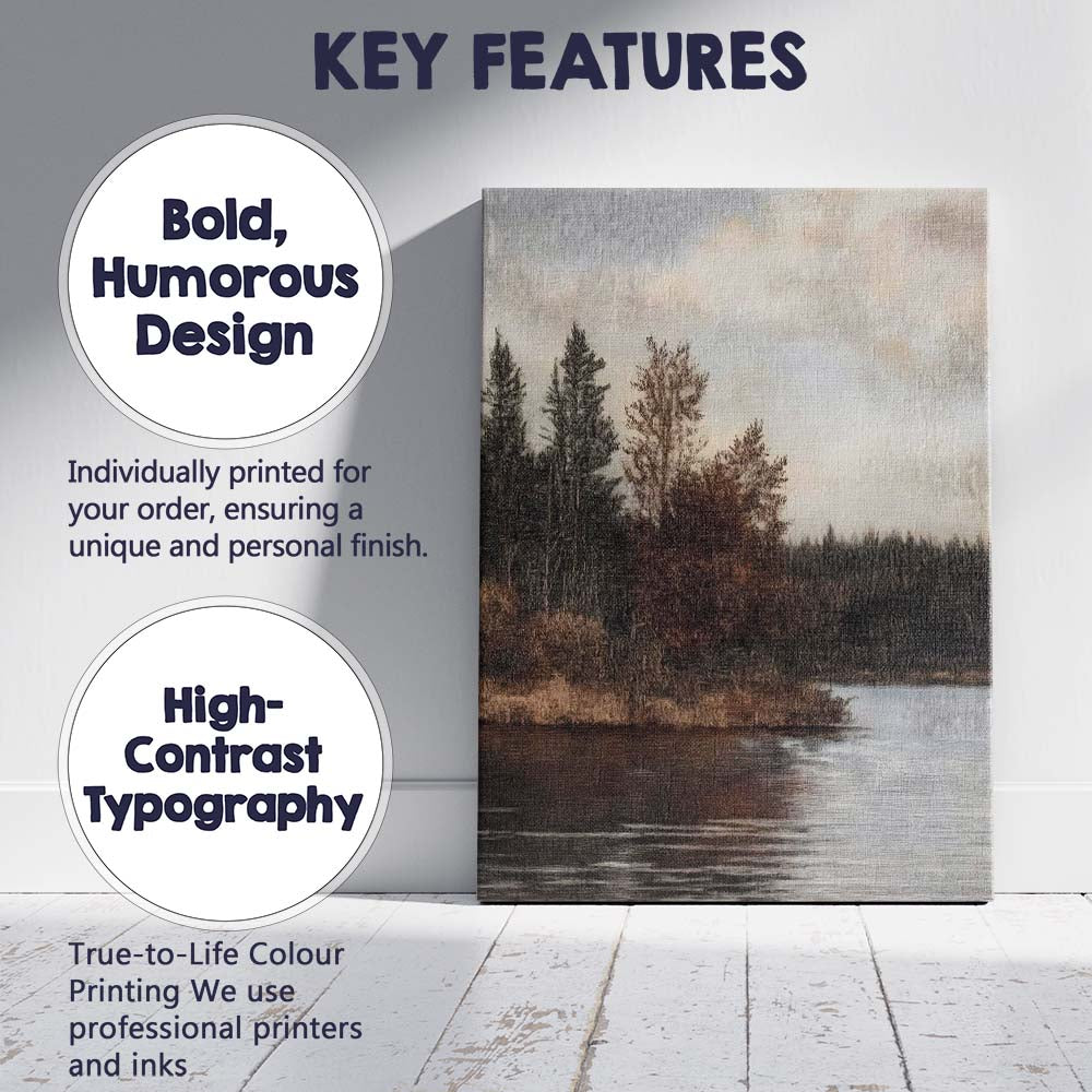 Sepia Forest Lake Reflection Rustic Woodland Landscape Canvas Wall Art Print Decor Picture Ready to Hang