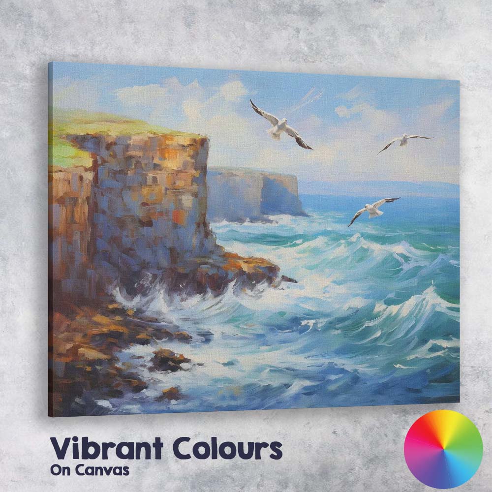 Sunny Coastal Cliffs Seagulls Ocean Breeze Seascape Canvas Wall Art Print Decor Picture Ready to Hang