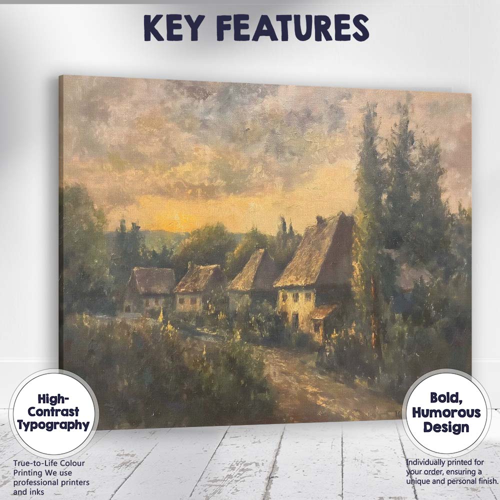 Peaceful Country Village at Sunset Impressionist Landscape Canvas Wall Art Print Decor Picture Ready to Hang