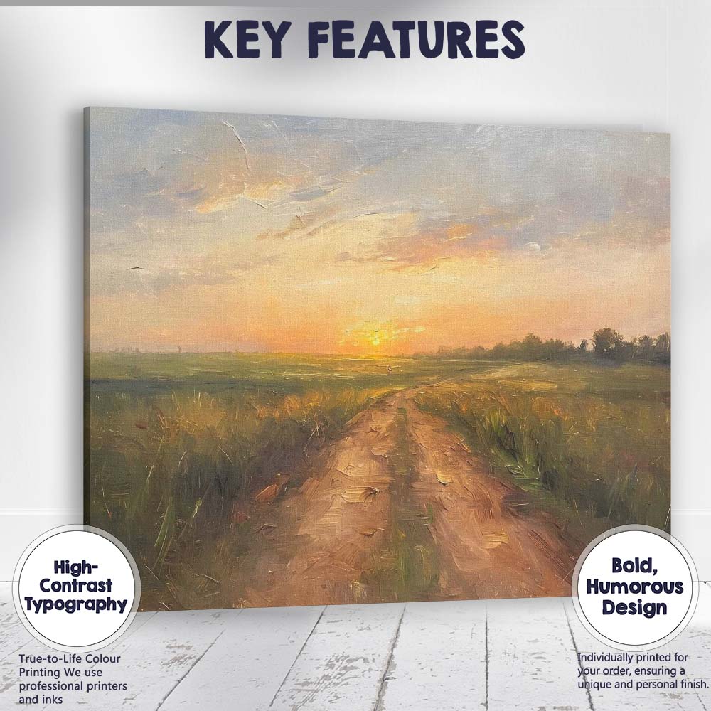 Golden Sunset Country Path Rural Field Landscape Canvas Wall Art Print Decor Picture Ready to Hang
