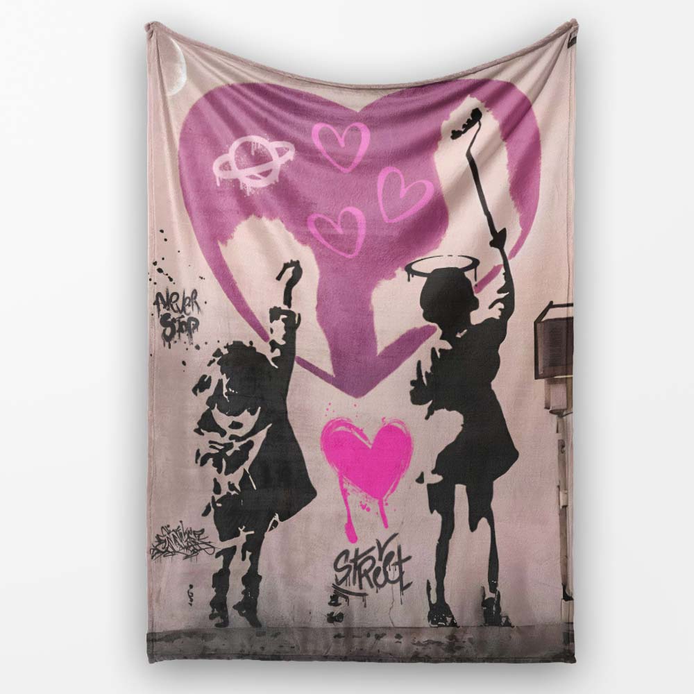 Pink Heart Children Silhouette Urban Graffiti, All Season Comfort, Thoughtful Housewarming Gift - Super Soft Fleece Blanket Bed Sofa Throw