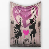 Pink Heart Children Silhouette Urban Graffiti, All Season Comfort, Thoughtful Housewarming Gift - Super Soft Fleece Blanket Bed Sofa Throw