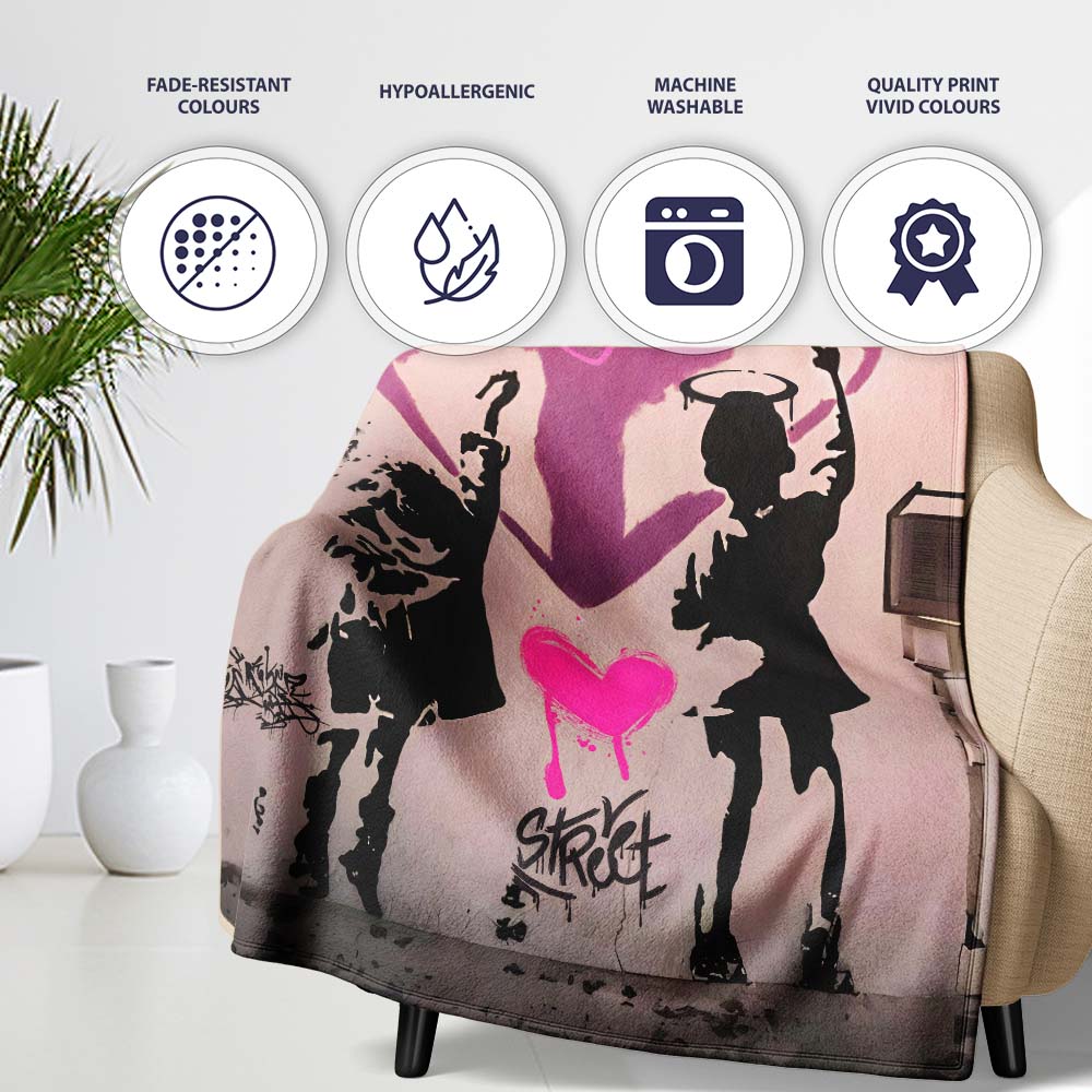 Pink Heart Children Silhouette Urban Graffiti, All Season Comfort, Thoughtful Housewarming Gift - Super Soft Fleece Blanket Bed Sofa Throw