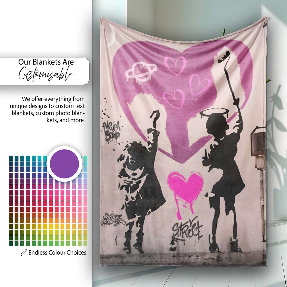 Pink Heart Children Silhouette Urban Graffiti, All Season Comfort, Thoughtful Housewarming Gift - Super Soft Fleece Blanket Bed Sofa Throw
