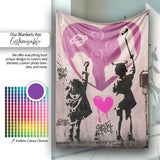 Pink Heart Children Silhouette Urban Graffiti, All Season Comfort, Thoughtful Housewarming Gift - Super Soft Fleece Blanket Bed Sofa Throw