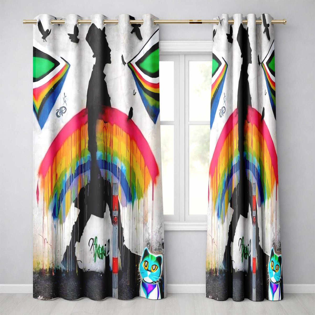 Rainbow Umbrella Woman Birds Colourful Street Art Distinctive Artistic Home Decor Readymade Eyelet Ring Top Thermal 100% Blackout Curtains