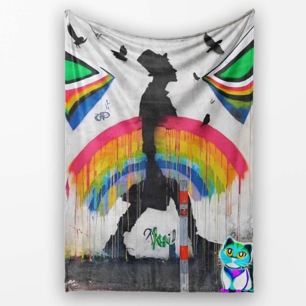 Rainbow Umbrella Woman Birds Colourful Street Art, All Season Comfort, Comfortable Everyday Use - Super Soft Fleece Blanket Bed Sofa Throw