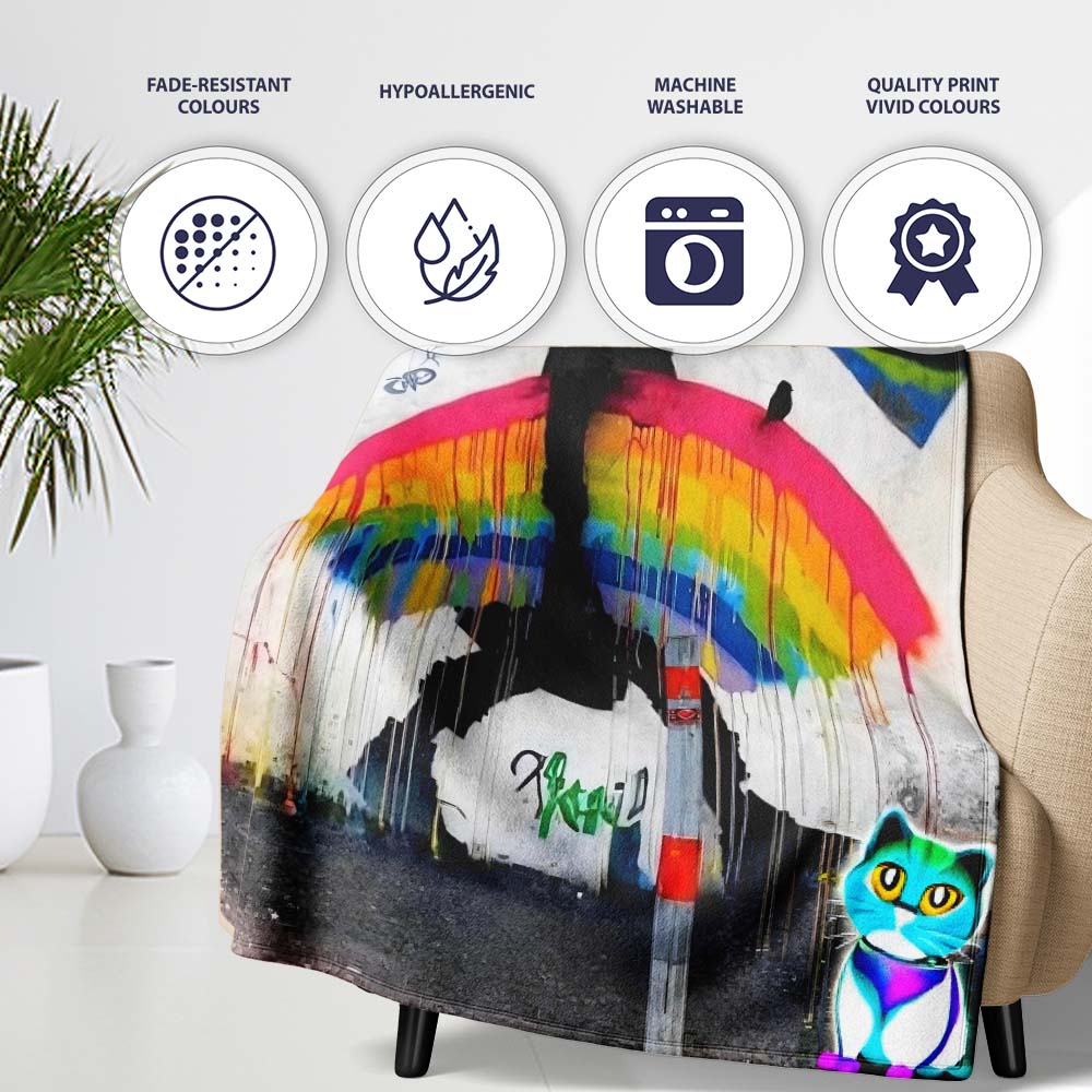 Rainbow Umbrella Woman Birds Colourful Street Art, All Season Comfort, Comfortable Everyday Use - Super Soft Fleece Blanket Bed Sofa Throw