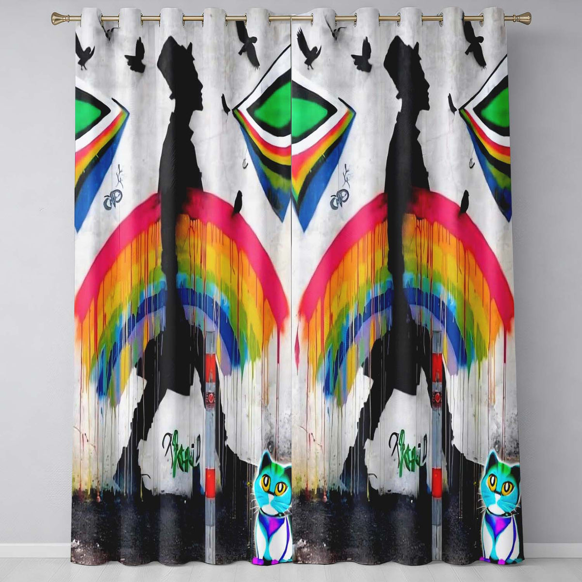 Rainbow Umbrella Woman Birds Colourful Street Art Distinctive Artistic Home Decor Readymade Eyelet Ring Top Thermal 100% Blackout Curtains