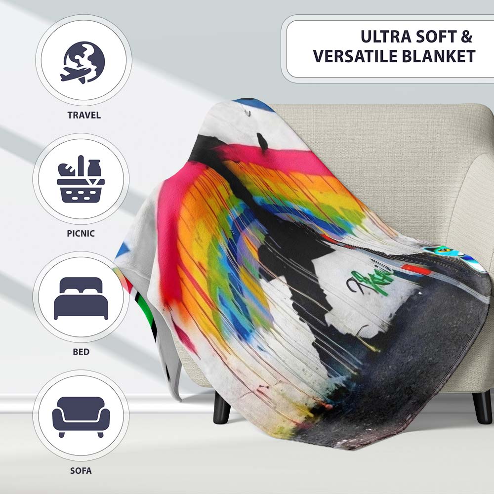 Rainbow Umbrella Woman Birds Colourful Street Art, All Season Comfort, Comfortable Everyday Use - Super Soft Fleece Blanket Bed Sofa Throw