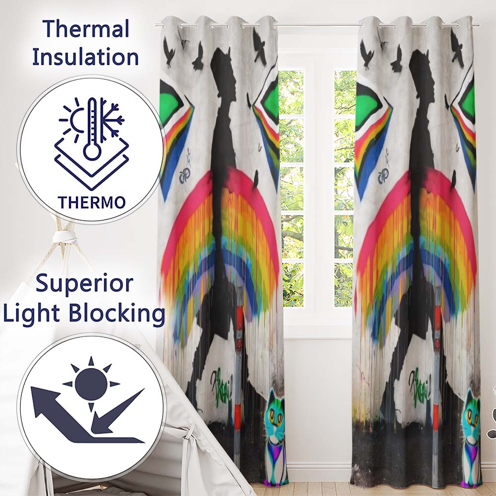 Rainbow Umbrella Woman Birds Colourful Street Art Distinctive Artistic Home Decor Readymade Eyelet Ring Top Thermal 100% Blackout Curtains