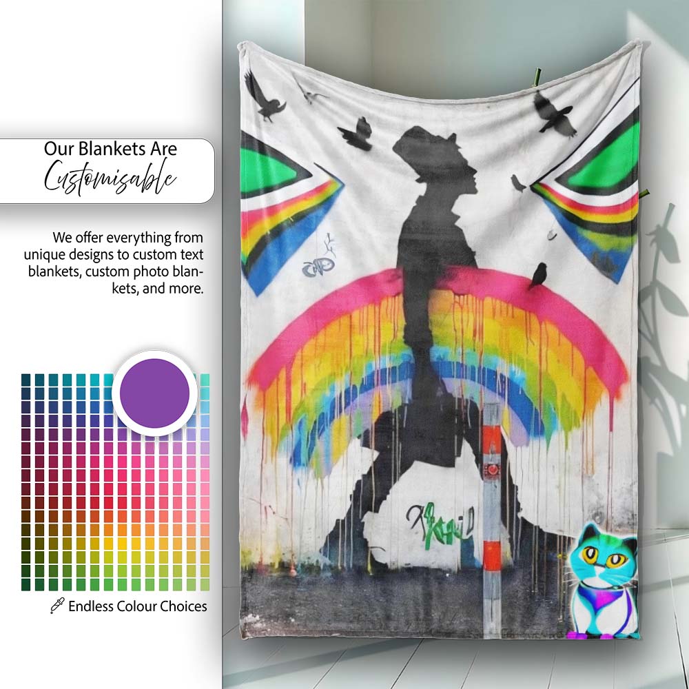 Rainbow Umbrella Woman Birds Colourful Street Art, All Season Comfort, Comfortable Everyday Use - Super Soft Fleece Blanket Bed Sofa Throw