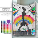 Rainbow Umbrella Woman Birds Colourful Street Art, All Season Comfort, Comfortable Everyday Use - Super Soft Fleece Blanket Bed Sofa Throw