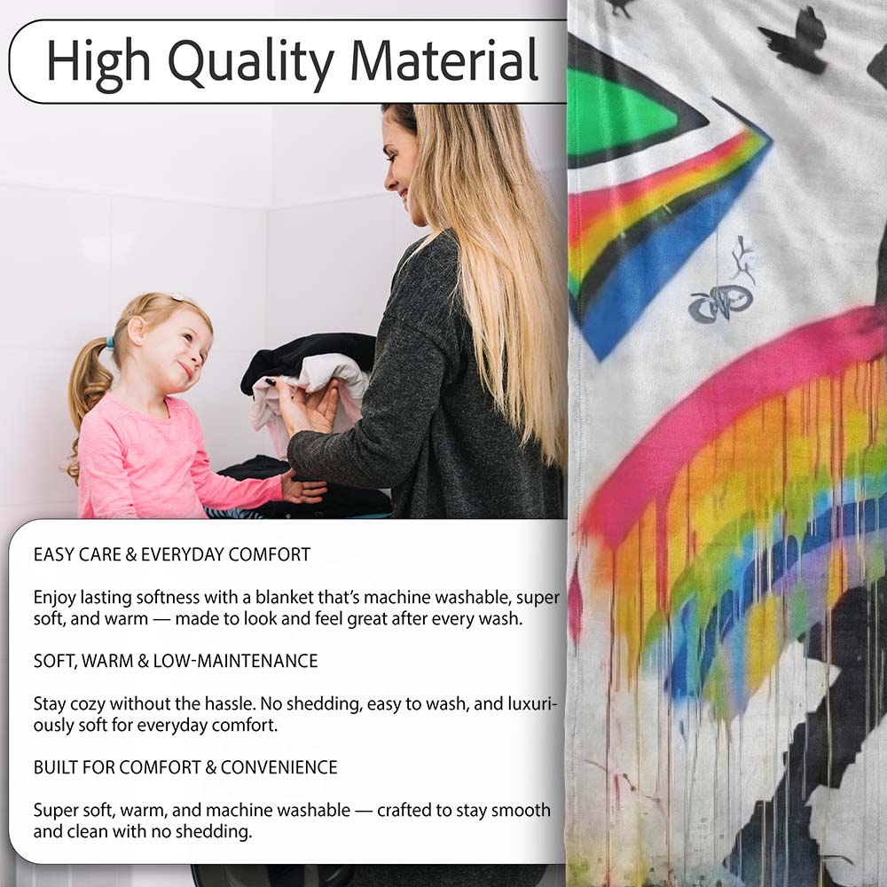 Rainbow Umbrella Woman Birds Colourful Street Art, All Season Comfort, Comfortable Everyday Use - Super Soft Fleece Blanket Bed Sofa Throw