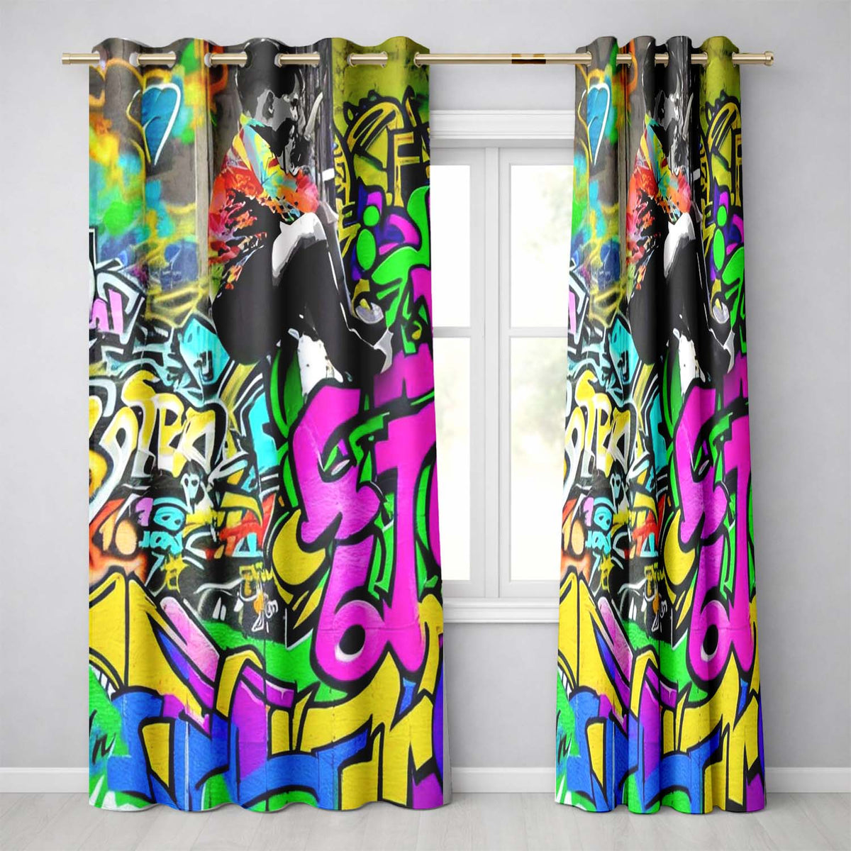 Woman Reading Colourful Graffiti Collage Street Art Stylish Design for Home Decor Readymade Eyelet Ring Top Thermal 100% Blackout Curtains