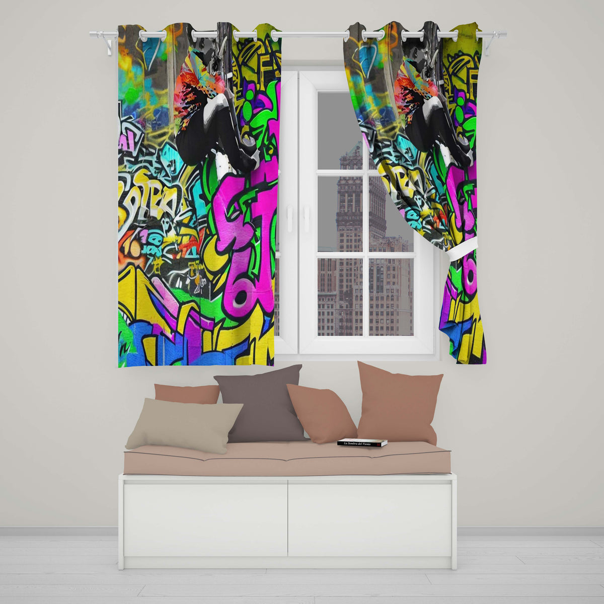 Woman Reading Colourful Graffiti Collage Street Art Stylish Design for Home Decor Readymade Eyelet Ring Top Thermal 100% Blackout Curtains