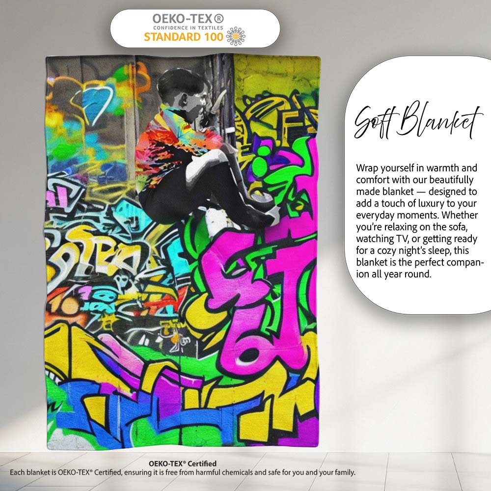 Woman Reading Colourful Graffiti Collage Street Art, All Season Comfort, Modern Interior Accent - Super Soft Fleece Blanket Bed Sofa Throw