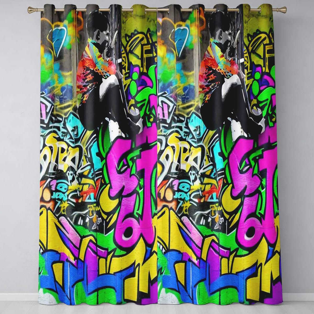 Woman Reading Colourful Graffiti Collage Street Art Stylish Design for Home Decor Readymade Eyelet Ring Top Thermal 100% Blackout Curtains