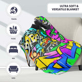 Woman Reading Colourful Graffiti Collage Street Art, All Season Comfort, Modern Interior Accent - Super Soft Fleece Blanket Bed Sofa Throw