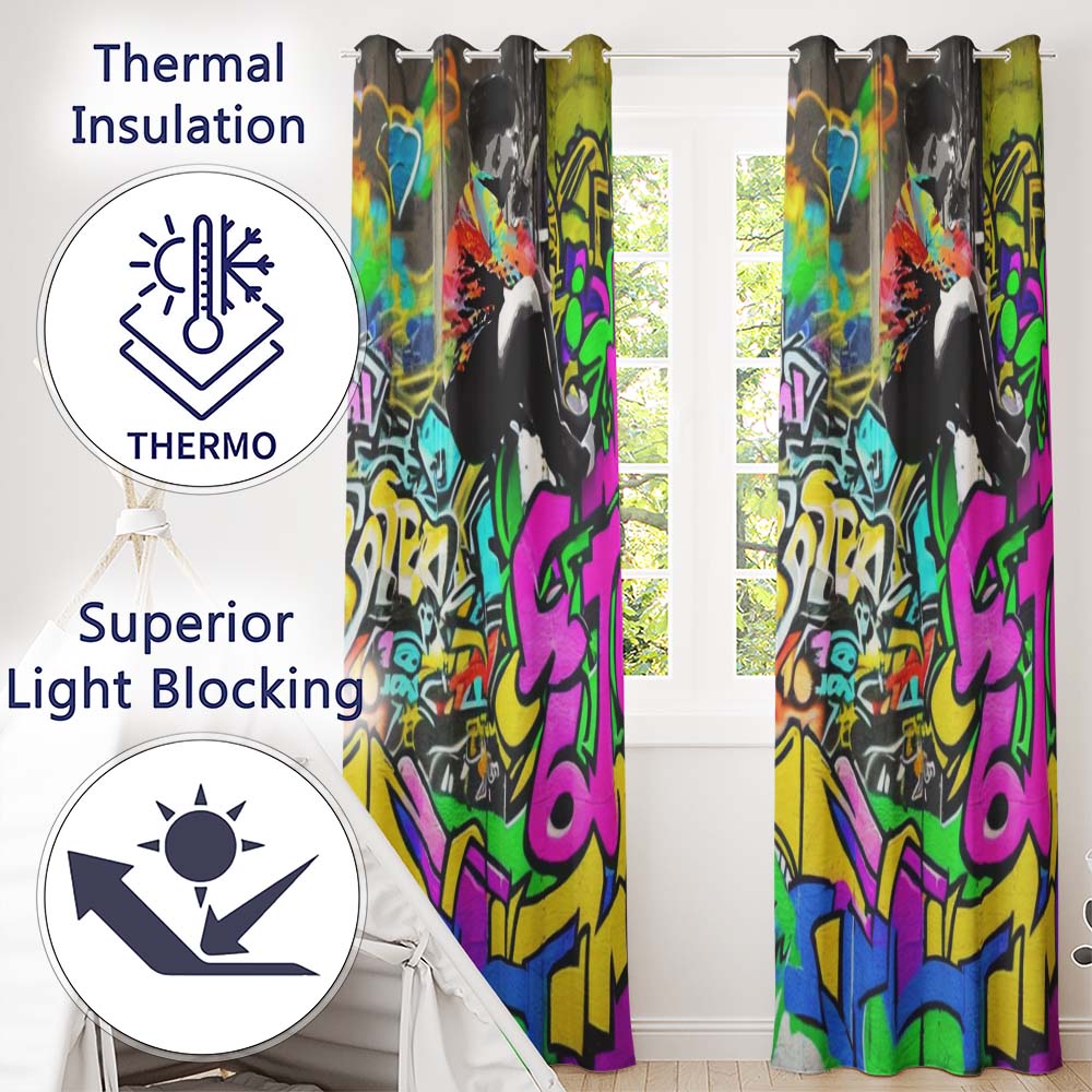 Woman Reading Colourful Graffiti Collage Street Art Stylish Design for Home Decor Readymade Eyelet Ring Top Thermal 100% Blackout Curtains