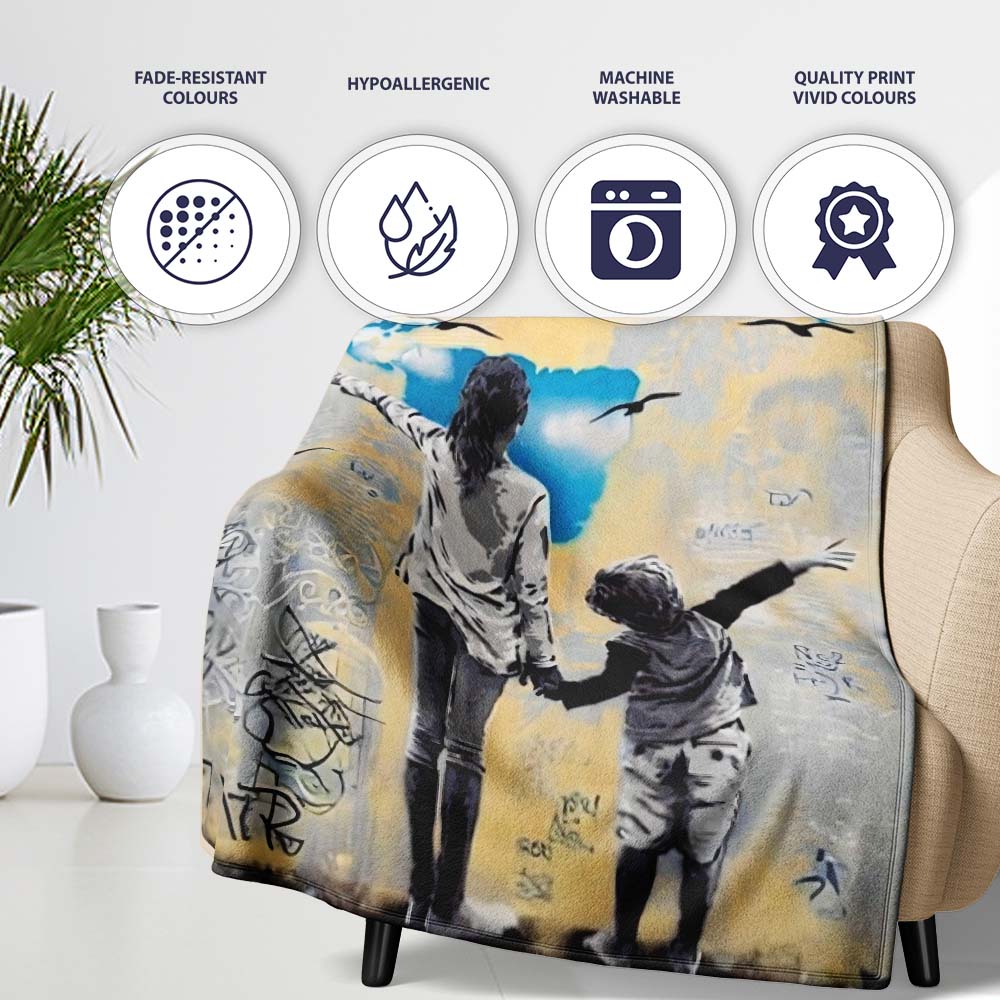 Mother and Child World Map Heart Graffiti, Bedroom Living Room Accent, Comfortable Everyday Use - Super Soft Fleece Blanket Bed Sofa Throw