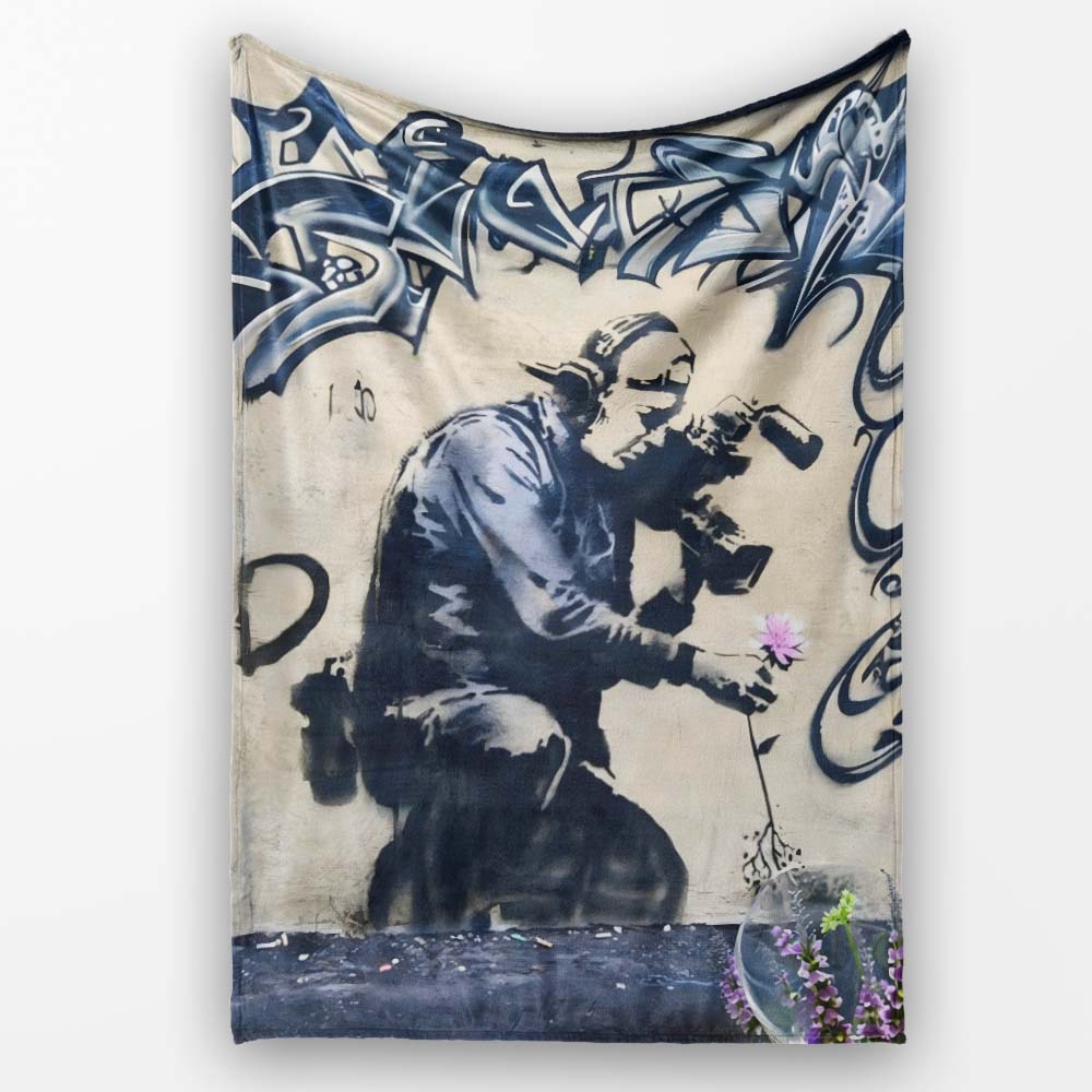 Monochrome Urban Photographer Floral Graffiti, All Season Comfort, Thoughtful Housewarming Gift - Super Soft Fleece Blanket Bed Sofa Throw