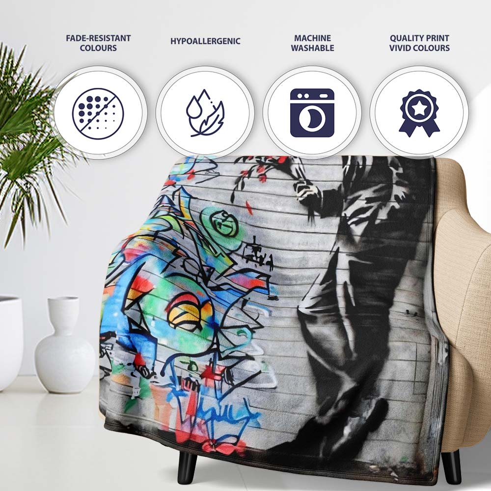 Man Holding Flowers Colourful Abstract Graffiti, Bedroom Living Room Accent, All Season Comfort - Super Soft Fleece Blanket Bed Sofa Throw