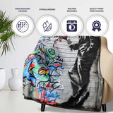 Man Holding Flowers Colourful Abstract Graffiti, Bedroom Living Room Accent, All Season Comfort - Super Soft Fleece Blanket Bed Sofa Throw