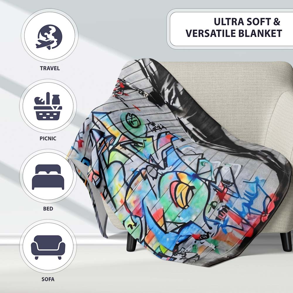 Man Holding Flowers Colourful Abstract Graffiti, Bedroom Living Room Accent, All Season Comfort - Super Soft Fleece Blanket Bed Sofa Throw