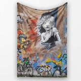 Seated Woman Cartoon Figures Urban Graffiti, Bedroom Living Room Accent, Unique Artistic Design - Super Soft Fleece Blanket Bed Sofa Throw