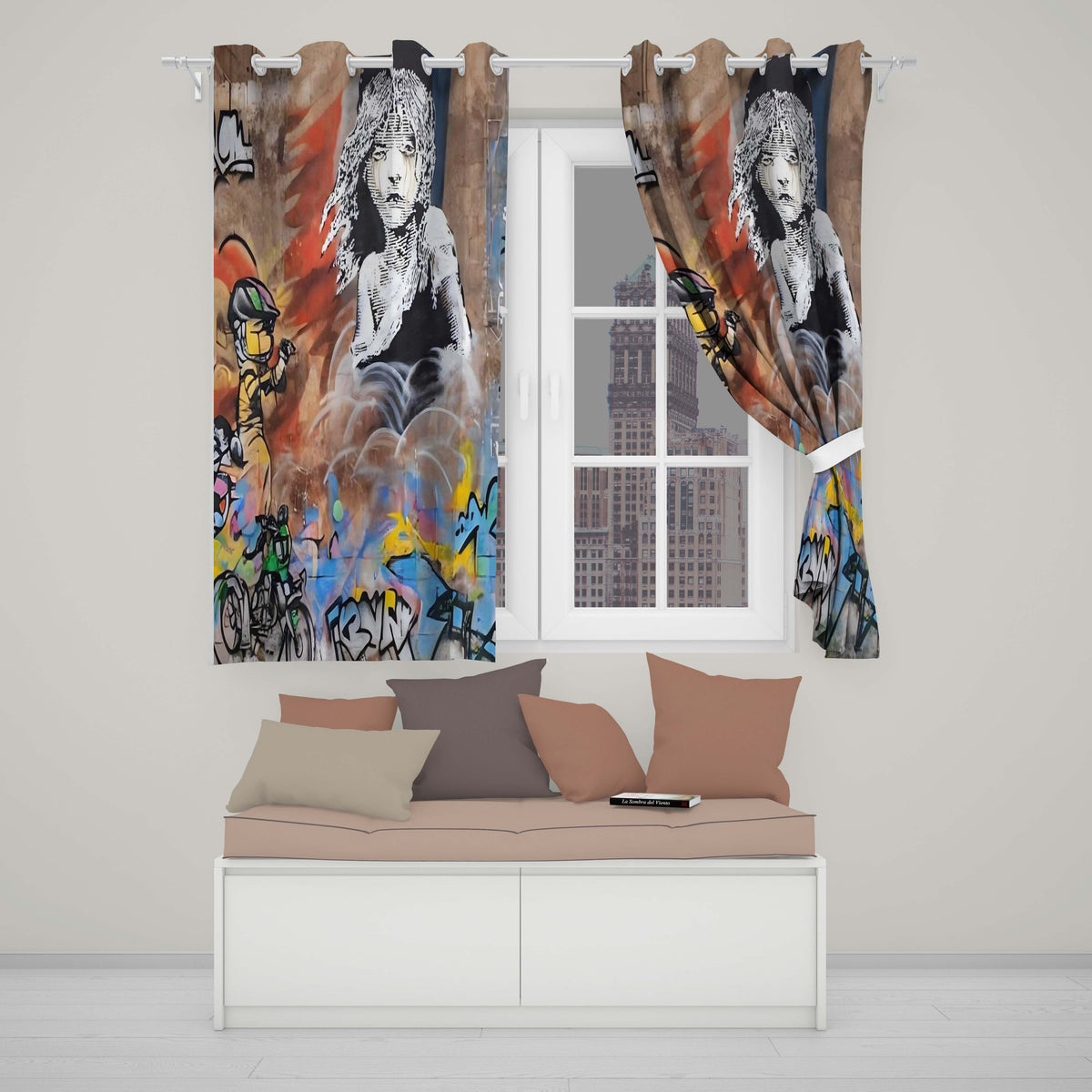 Seated Woman Cartoon Figures Urban Graffiti Distinctive Artwork for Bedroom Decor Readymade Eyelet Ring Top Thermal 100% Blackout Curtains