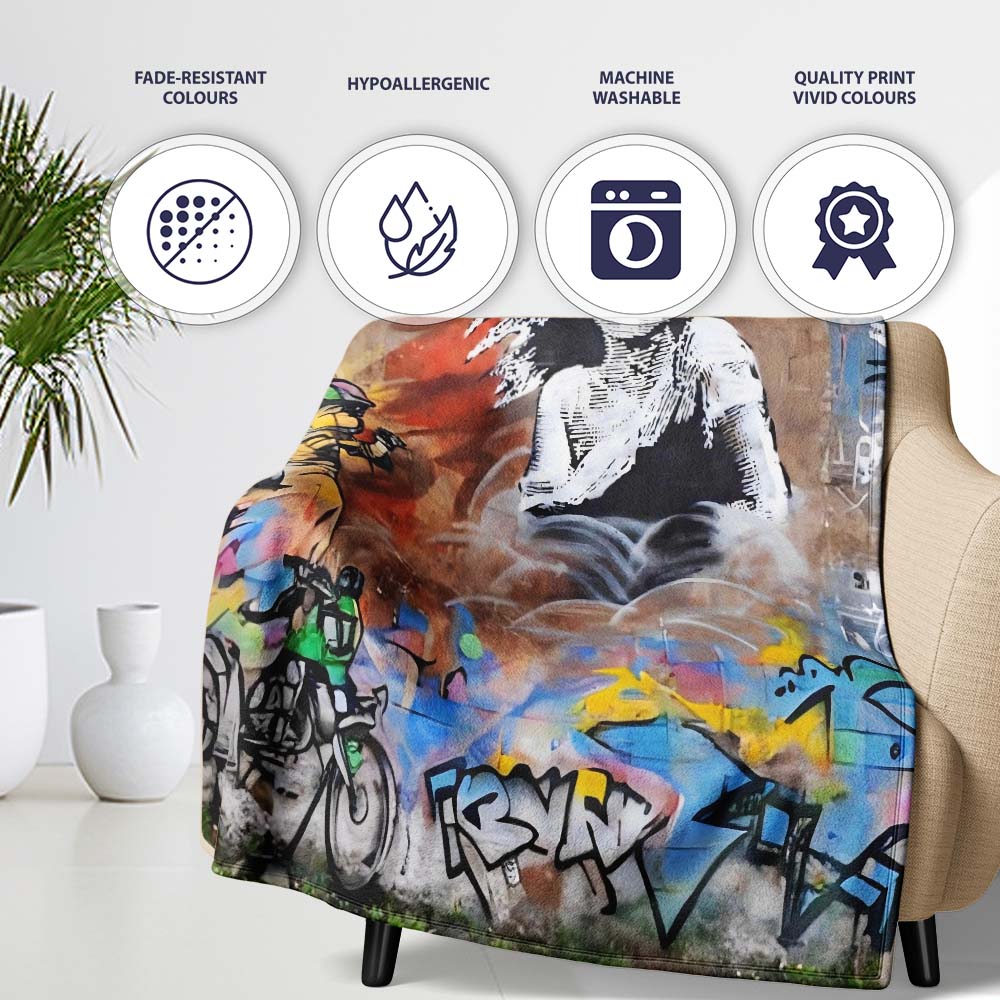Seated Woman Cartoon Figures Urban Graffiti, Bedroom Living Room Accent, Unique Artistic Design - Super Soft Fleece Blanket Bed Sofa Throw