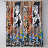 Seated Woman Cartoon Figures Urban Graffiti Distinctive Artwork for Bedroom Decor Readymade Eyelet Ring Top Thermal 100% Blackout Curtains
