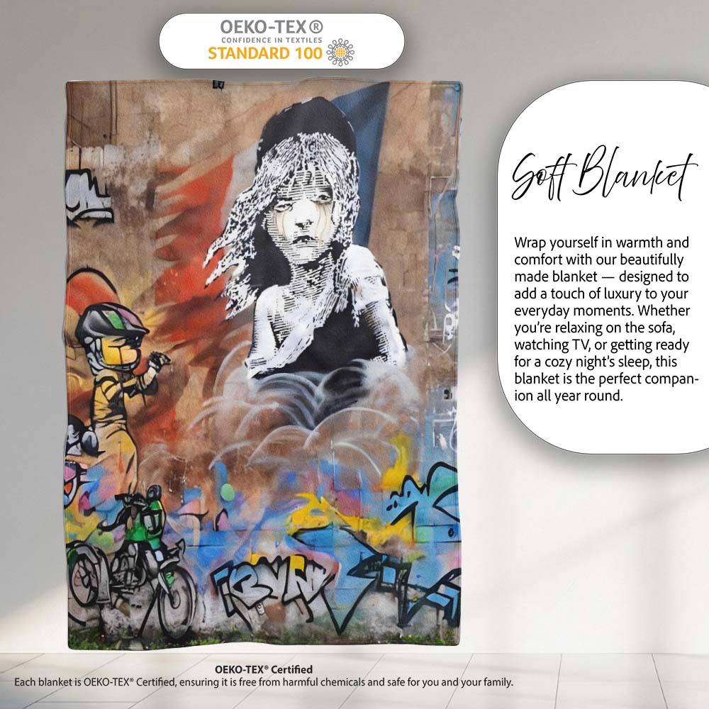 Seated Woman Cartoon Figures Urban Graffiti, Bedroom Living Room Accent, Unique Artistic Design - Super Soft Fleece Blanket Bed Sofa Throw