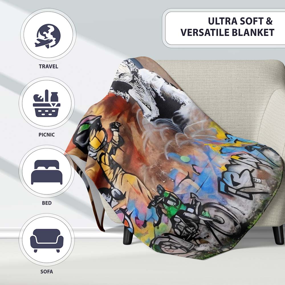 Seated Woman Cartoon Figures Urban Graffiti, Bedroom Living Room Accent, Unique Artistic Design - Super Soft Fleece Blanket Bed Sofa Throw